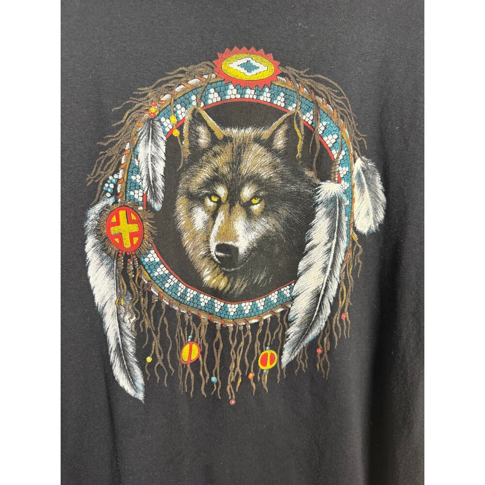 Vintage 90s Tribal Wolf Shirt Men's XL Black Mystical Dreamcatcher